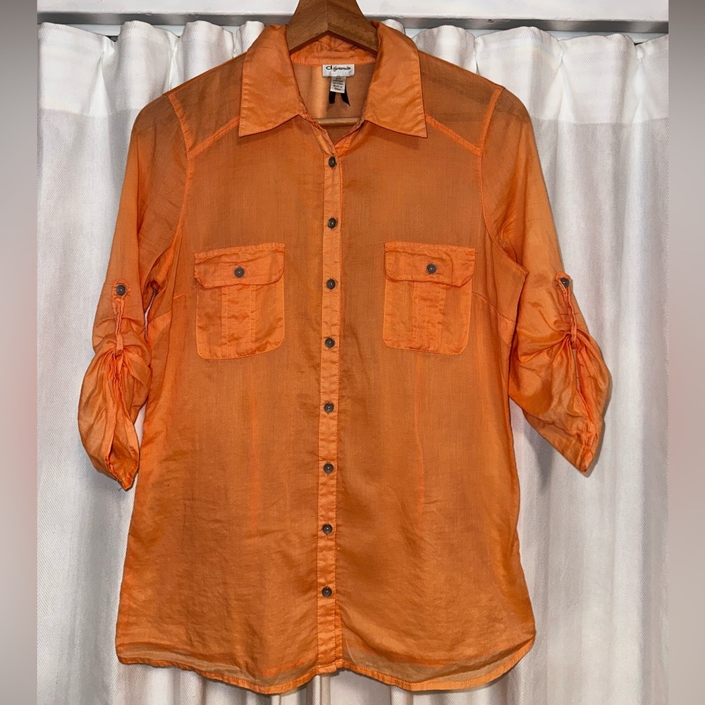DYNAMITE: Sheer Button-down Roll-up Sleeved Blouse